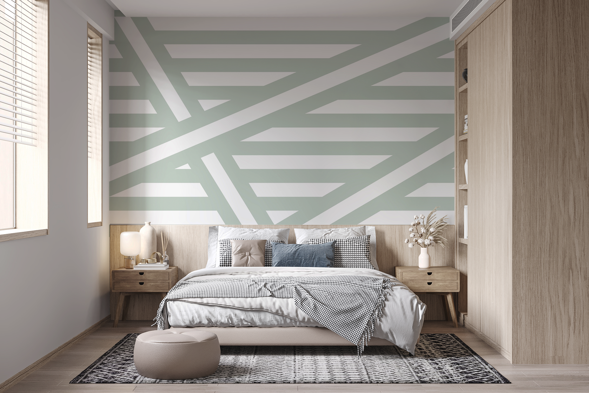 modern-interior-design-bedroom-mural-wallpaper-sage-green-stripes