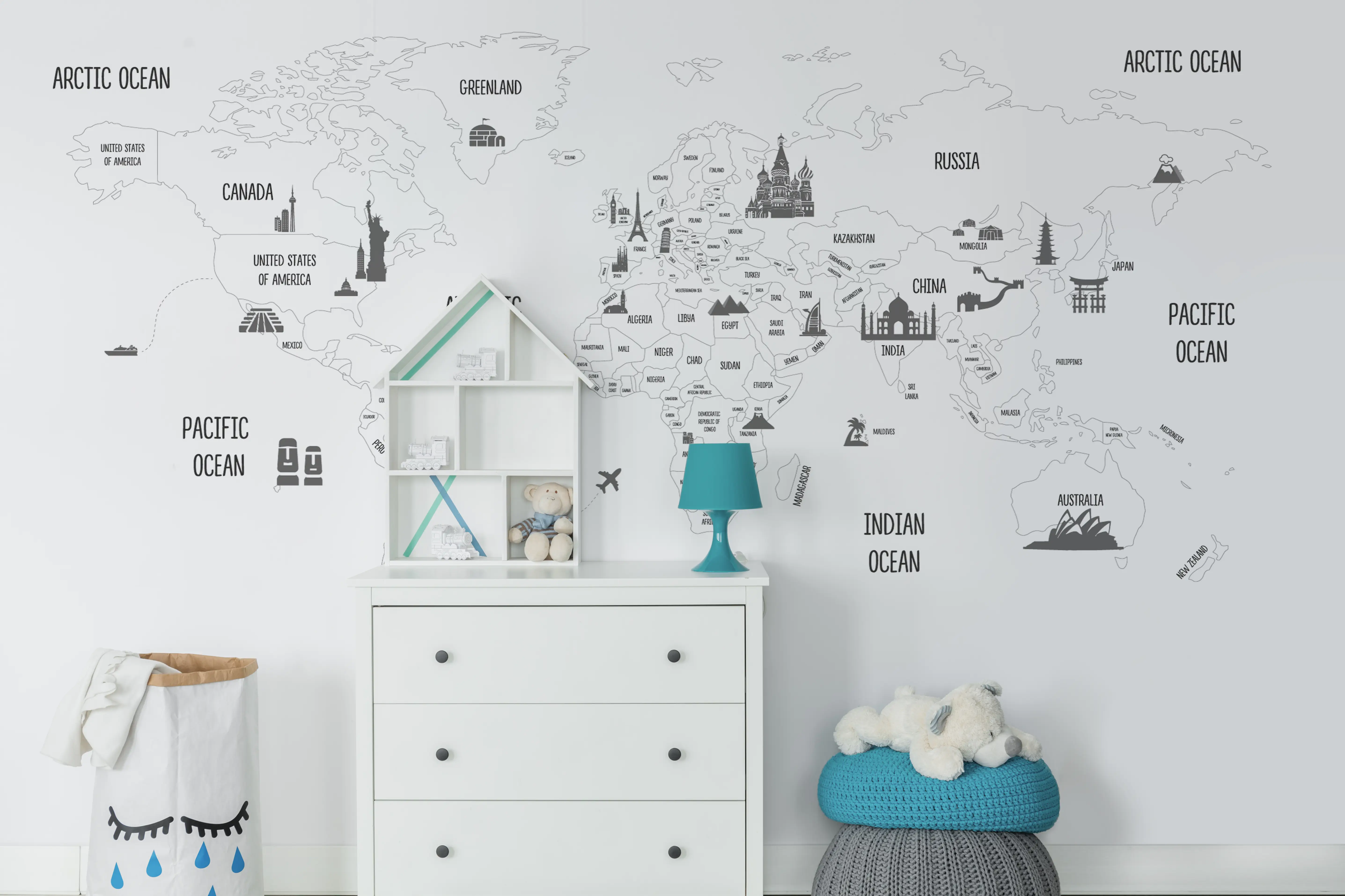 nursery-room-modern-interior-design-with white-mural-wallpaper