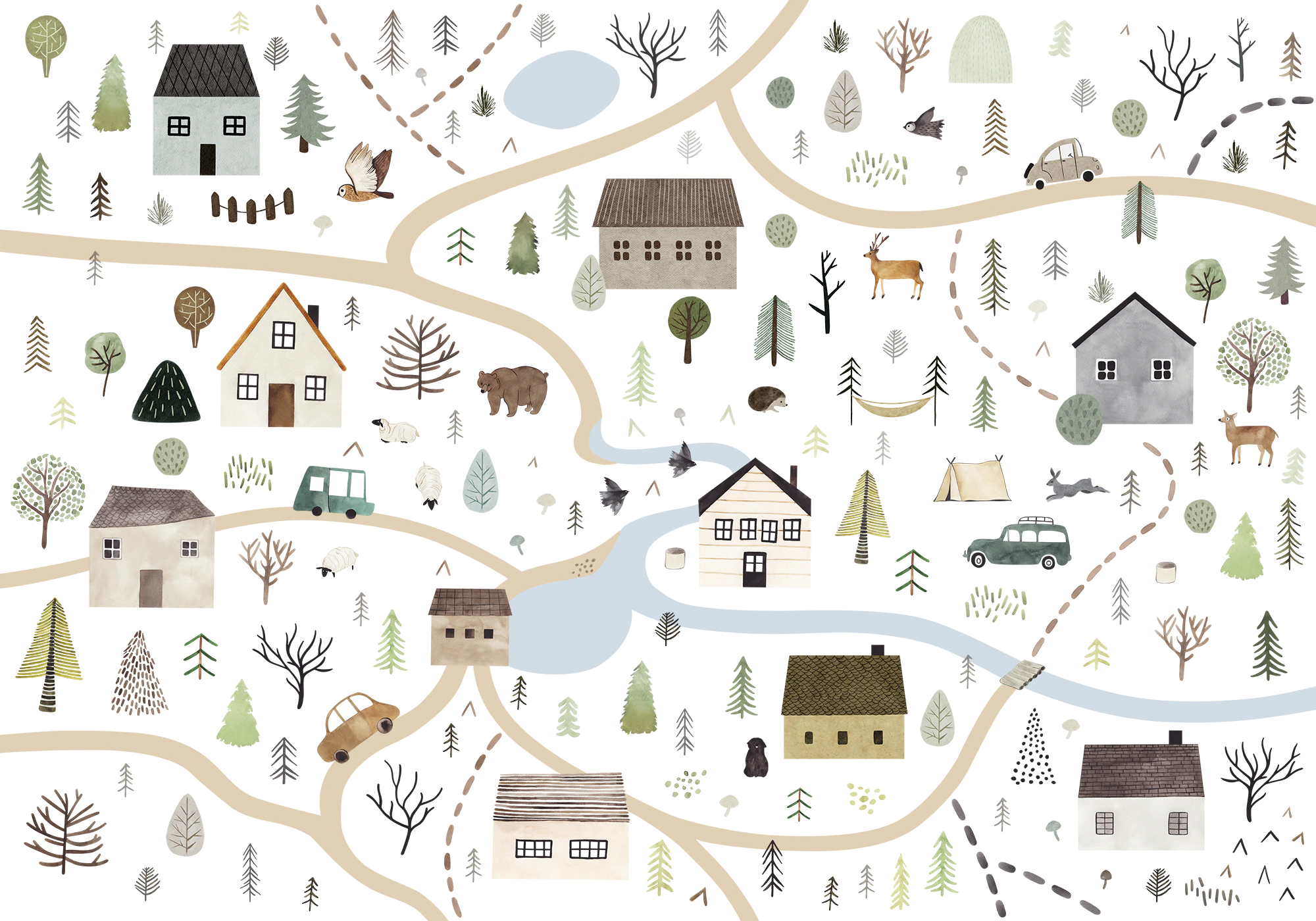 wallpaper-design-2020-watercolor-white-village-nature-pond-animals-map